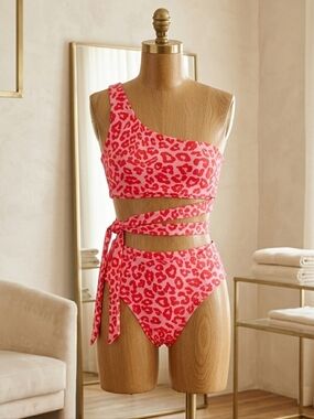 Pink Cheetah Pink Bikini. One Shoulder with Side Tie. Size Med